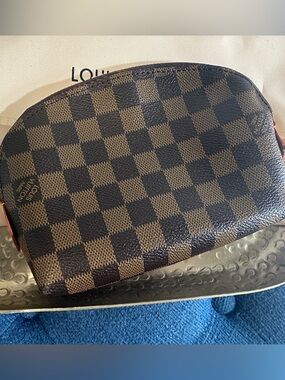 Tan and  Dark Brown Checkered Toiletry Pouch